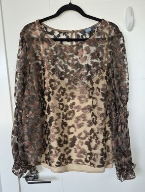 Anthropologie Eva Franco Beige Blouse with Bronze Leopard Motif